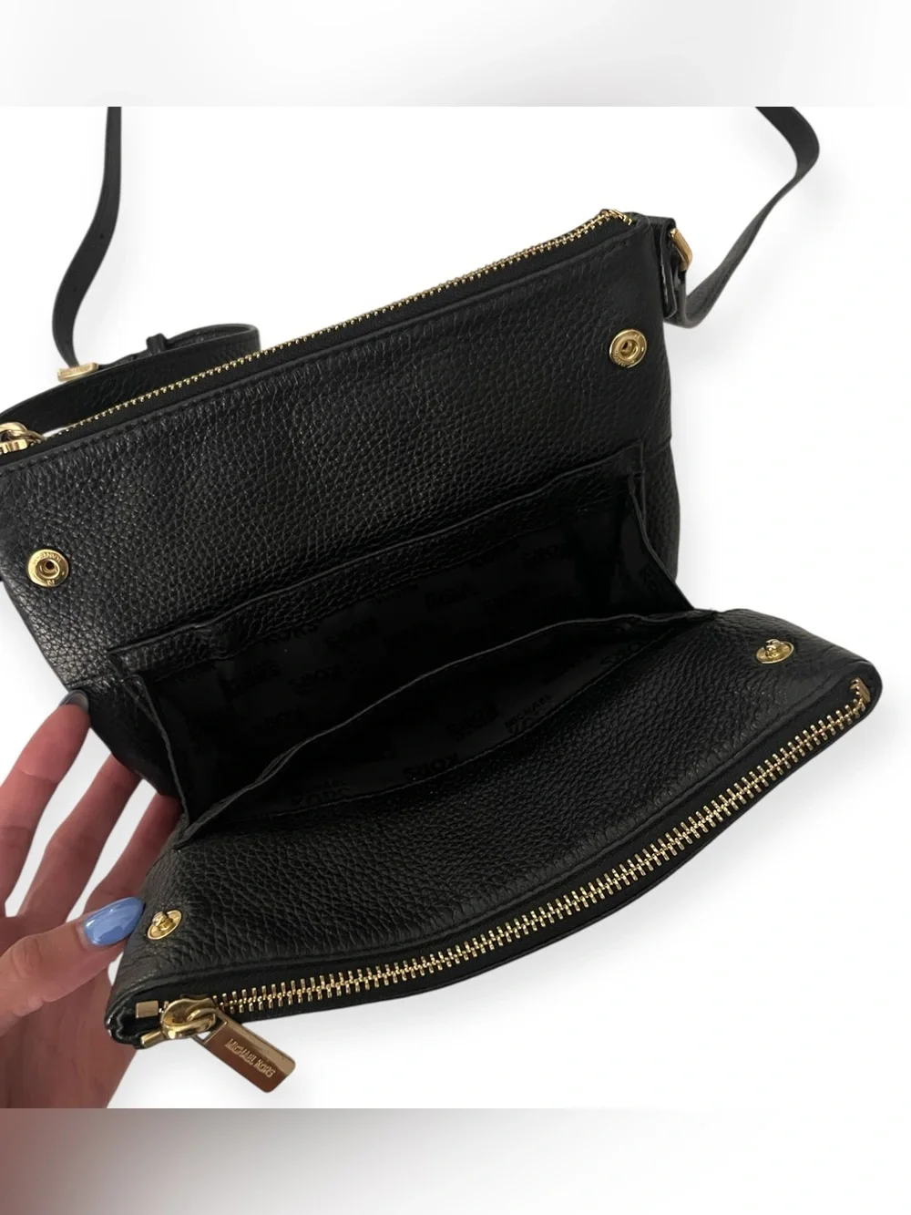 Michael Kors Black Leather Crossbody Purse Fulton Pebbled Gold Hardware Bag